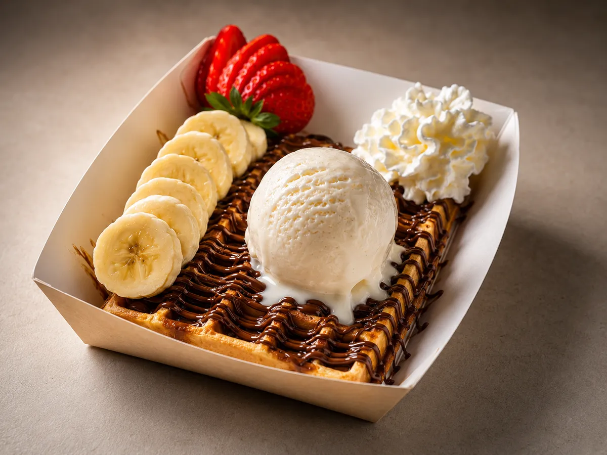 Gofre con helado, fruta y nata